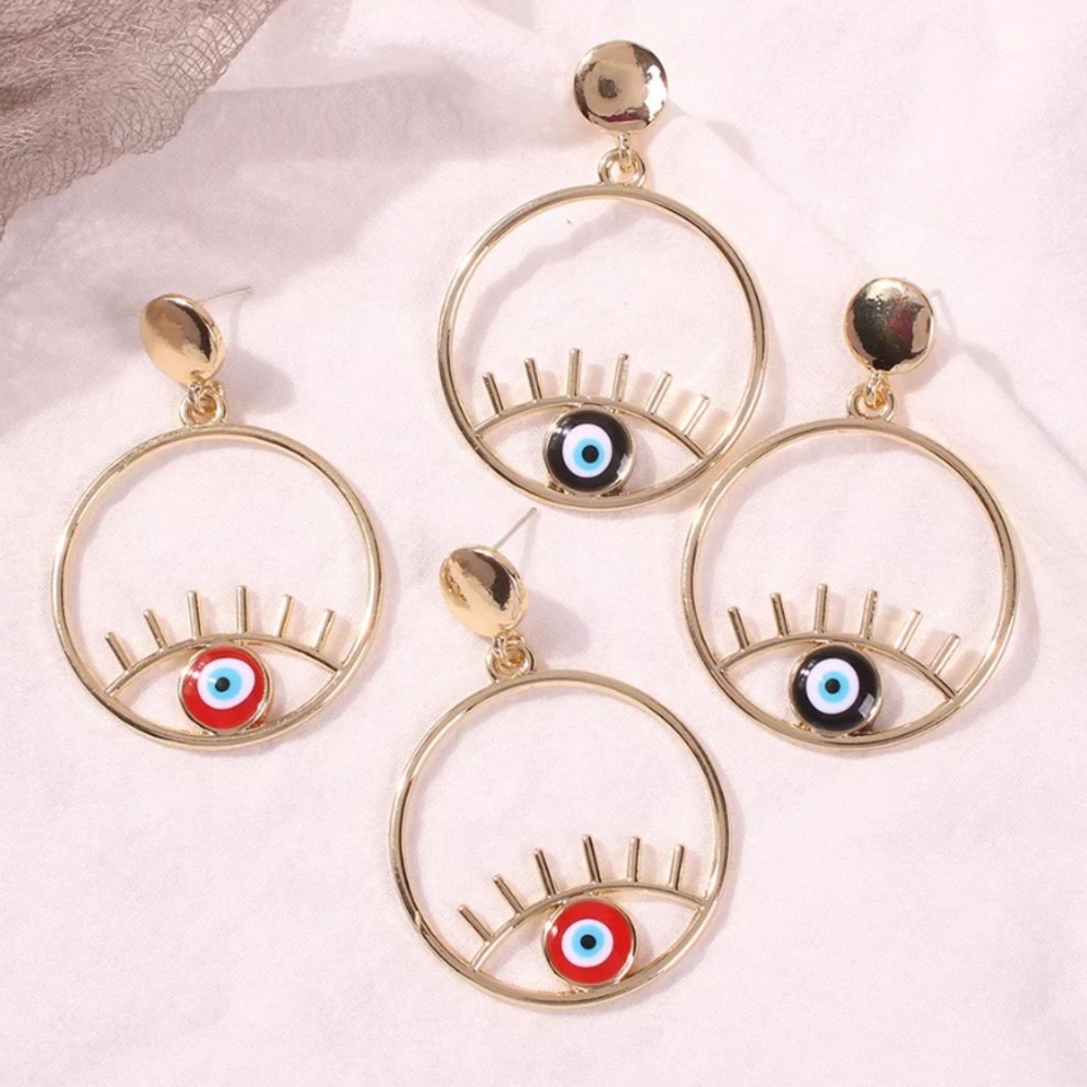 Gold hoop earrings evil eye earrings - Picture 3 of 7
